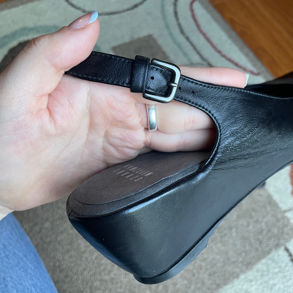 Stuart Weitzman Black Leather Slingback Wedge Pumps - Picture 4 of 10